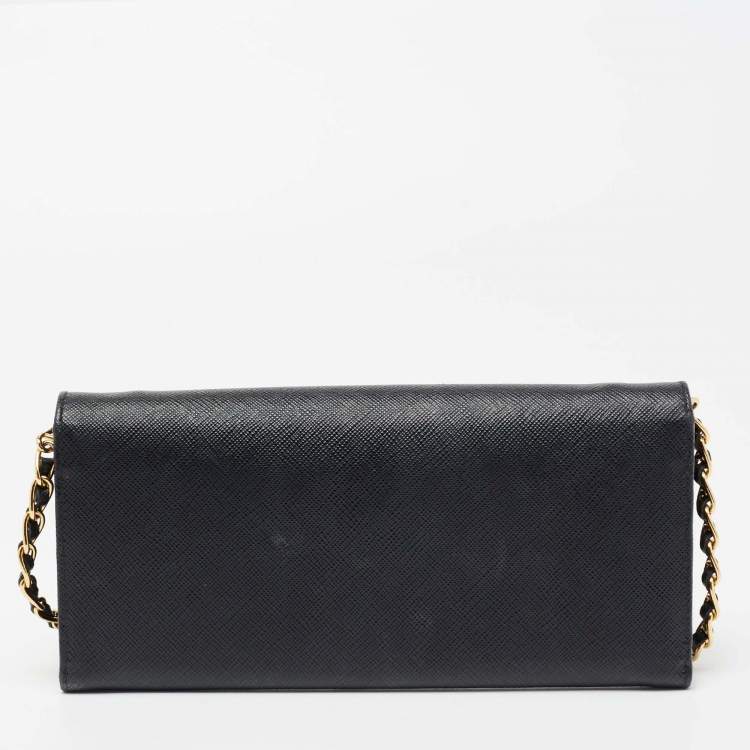Pre Owned Prada Black Saffiano Metal Leather Wallet on Chain