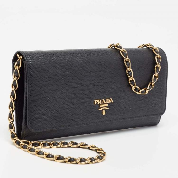 Pre Owned Prada Black Saffiano Metal Leather Wallet on Chain
