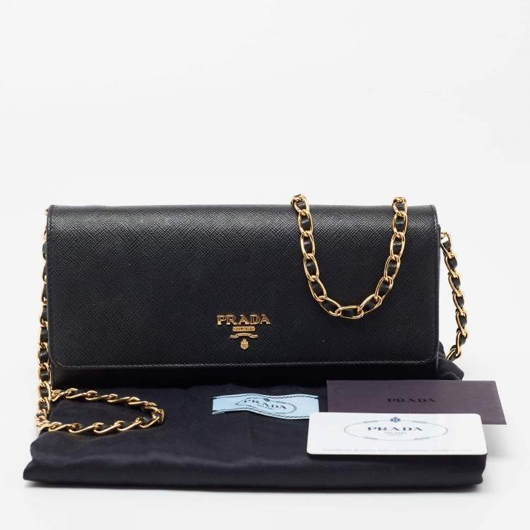 Pre Owned Prada Black Saffiano Metal Leather Wallet on Chain