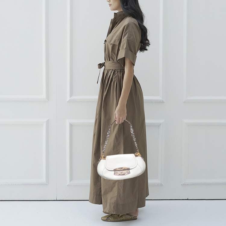 Pre Owned Prada White/Cream Leather and Lizard Flap Chain Hobo