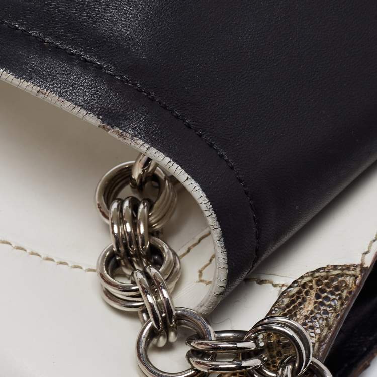Pre Owned Prada White/Cream Leather and Lizard Flap Chain Hobo
