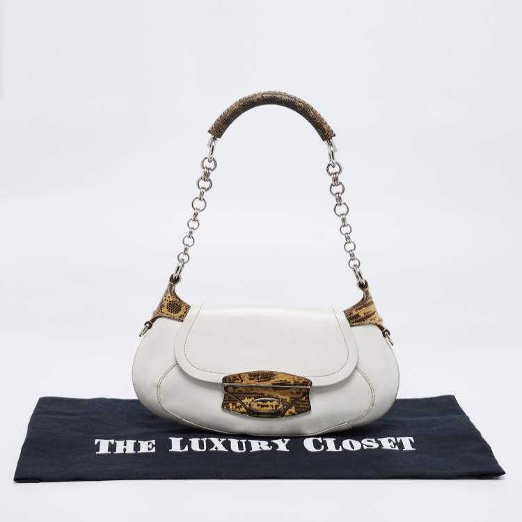 Pre Owned Prada White/Cream Leather and Lizard Flap Chain Hobo