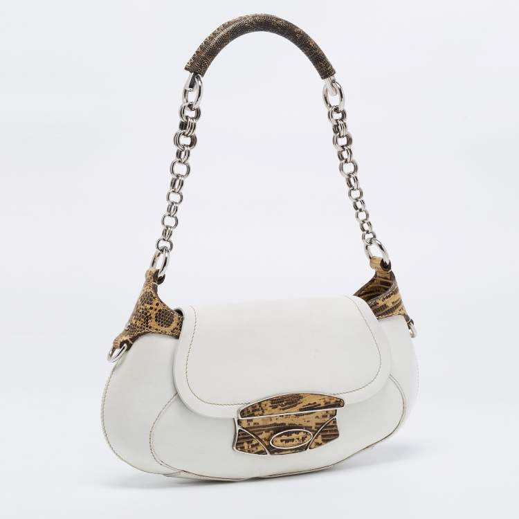 Pre Owned Prada White/Cream Leather and Lizard Flap Chain Hobo