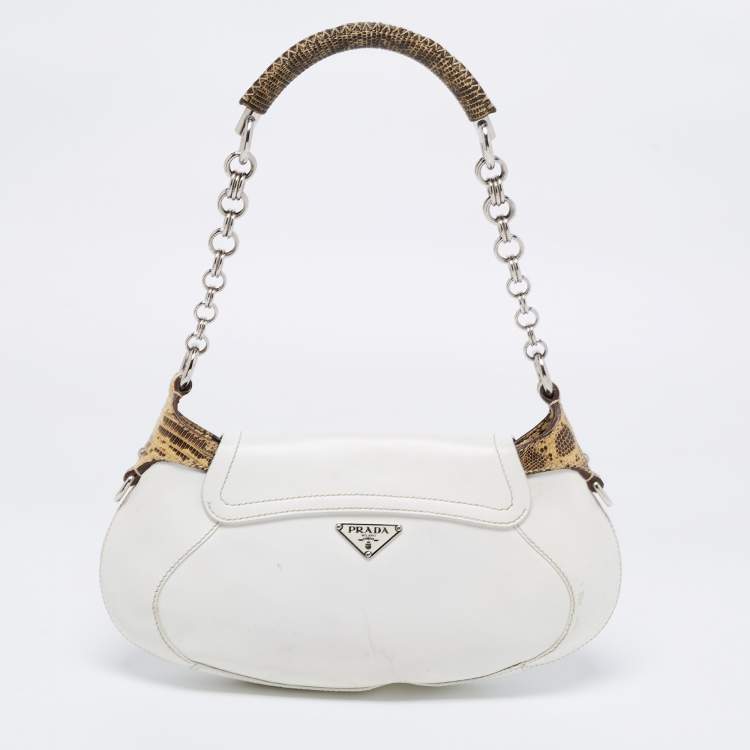 Pre Owned Prada White/Cream Leather and Lizard Flap Chain Hobo