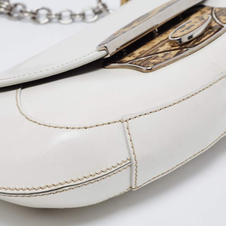 Pre Owned Prada White/Cream Leather and Lizard Flap Chain Hobo