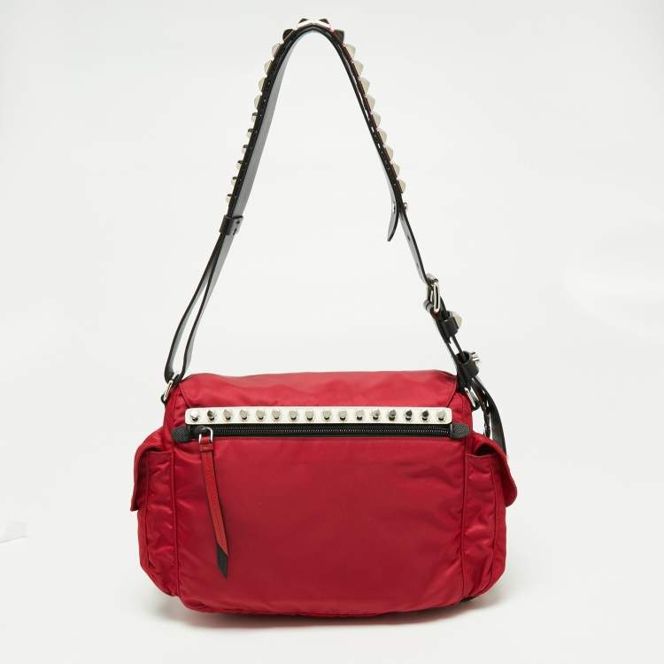 Pre Owned Prada Red/Black Nylon and Leather New Vela Studded Messenger Bag
