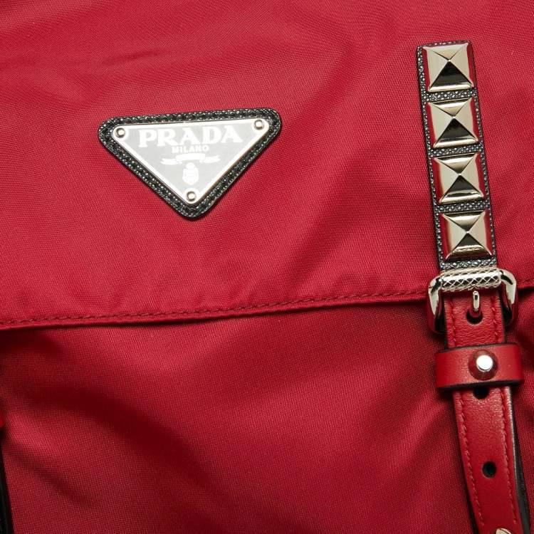 Pre Owned Prada Red/Black Nylon and Leather New Vela Studded Messenger Bag