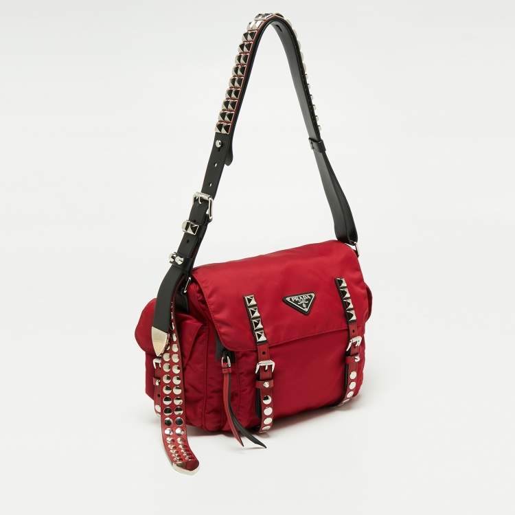 Pre Owned Prada Red/Black Nylon and Leather New Vela Studded Messenger Bag