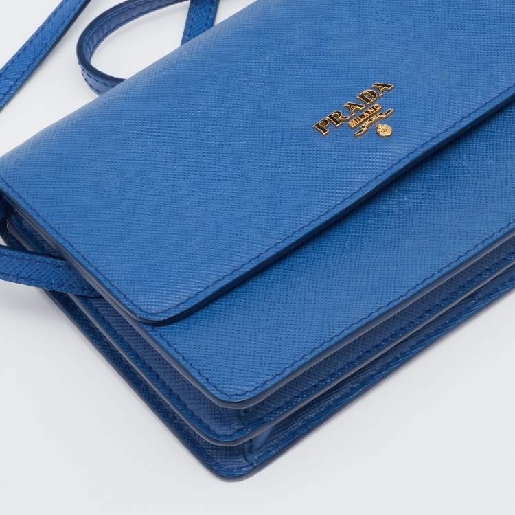 Pre Owned Prada Blue Saffiano Leather Wallet On Strap