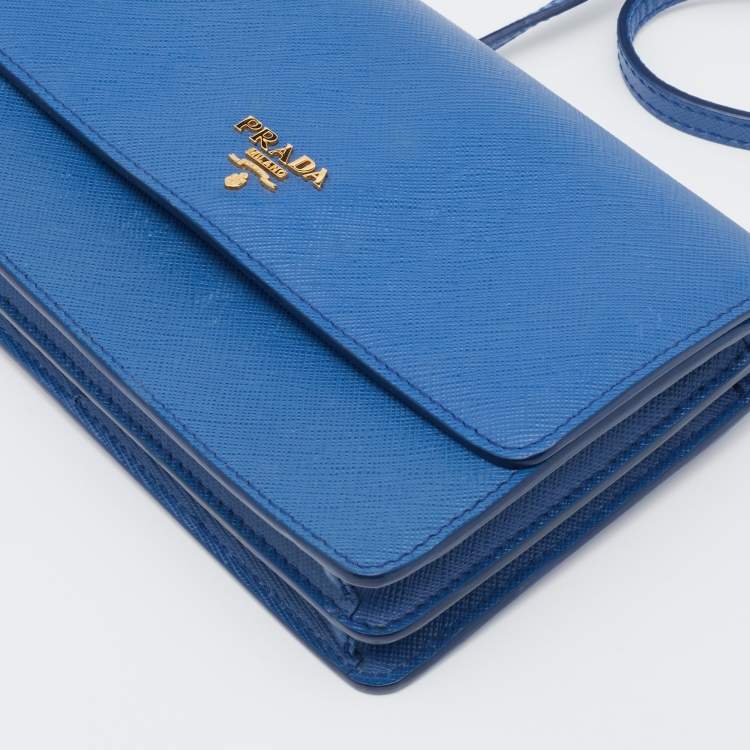 Pre Owned Prada Blue Saffiano Leather Wallet On Strap