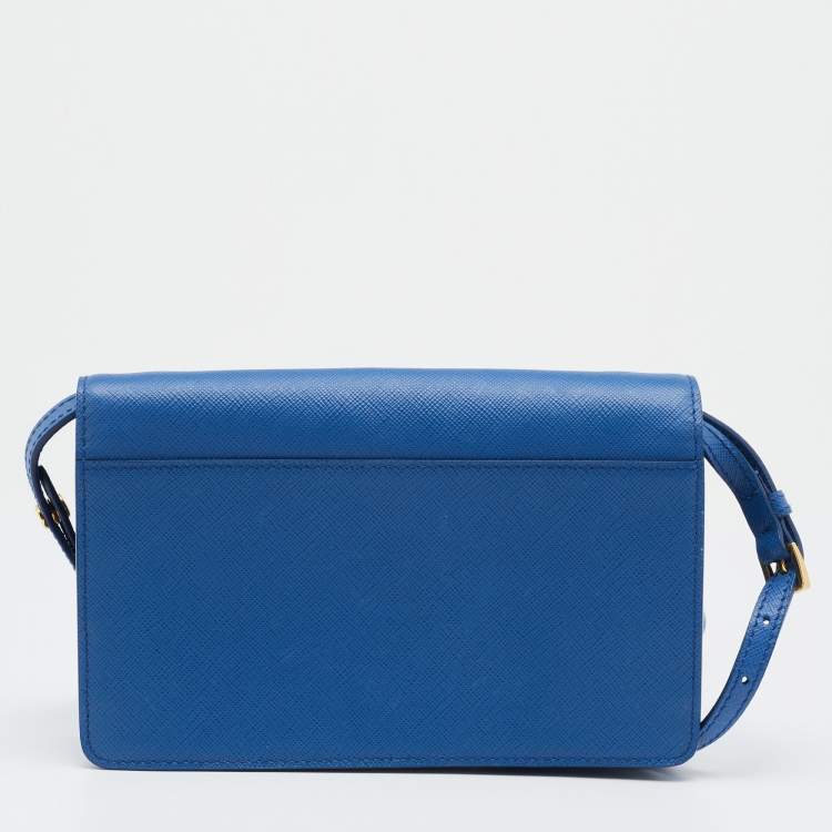 Pre Owned Prada Blue Saffiano Leather Wallet On Strap
