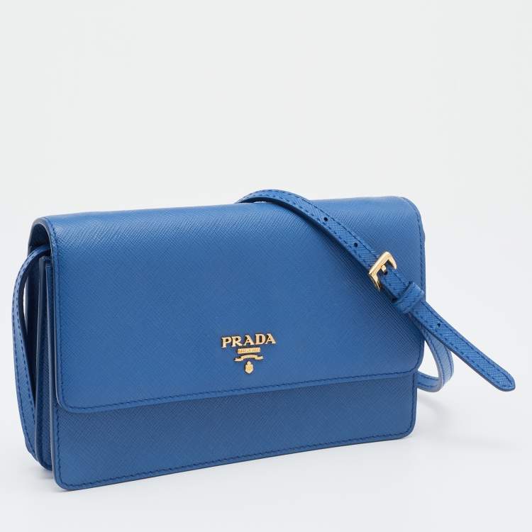 Pre Owned Prada Blue Saffiano Leather Wallet On Strap