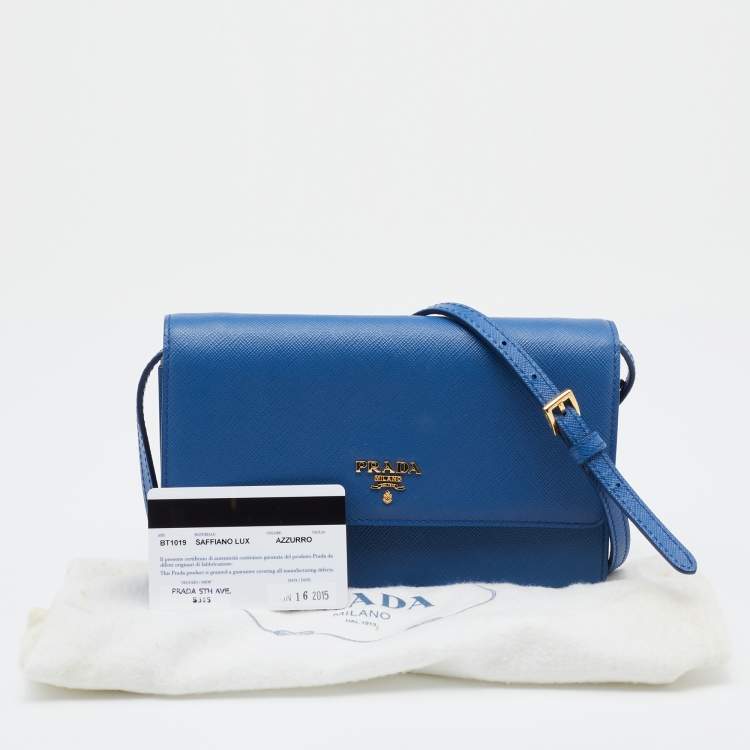 Pre Owned Prada Blue Saffiano Leather Wallet On Strap