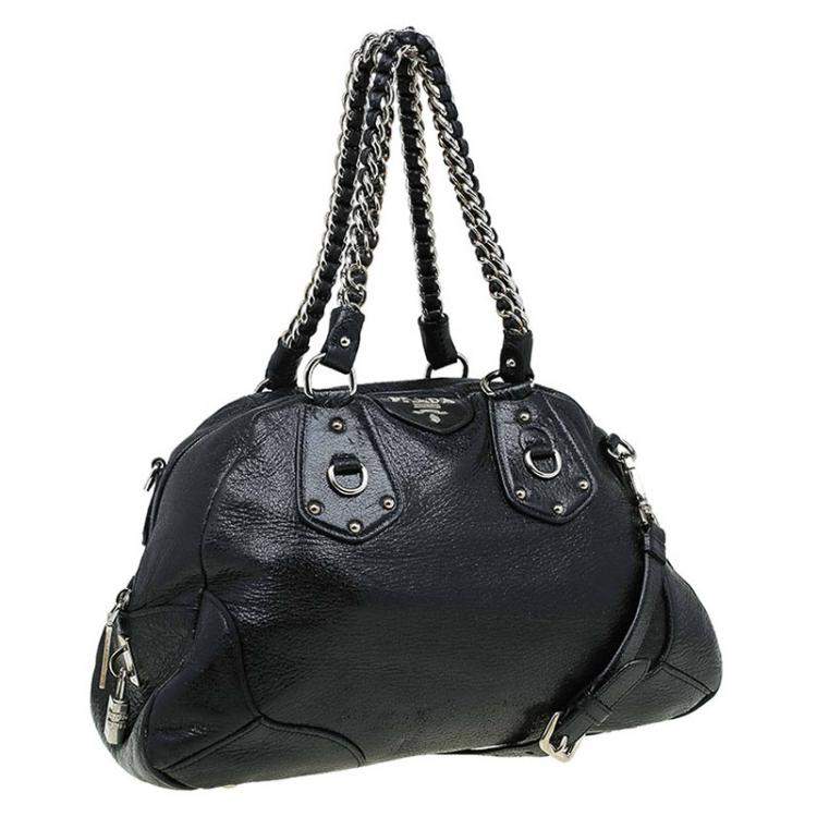Pre Owned Prada Black Cervo Lux Leather Chain Bowling Bag