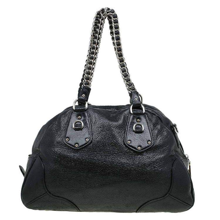 Pre Owned Prada Black Cervo Lux Leather Chain Bowling Bag