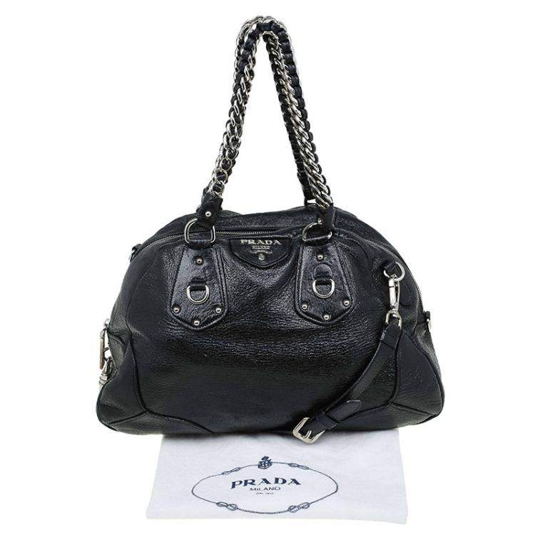 Pre Owned Prada Black Cervo Lux Leather Chain Bowling Bag