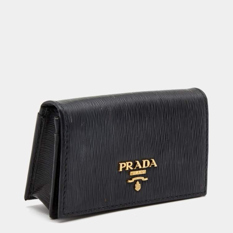 Pre Owned Prada Black Move Leather Logo Flap Card Case 