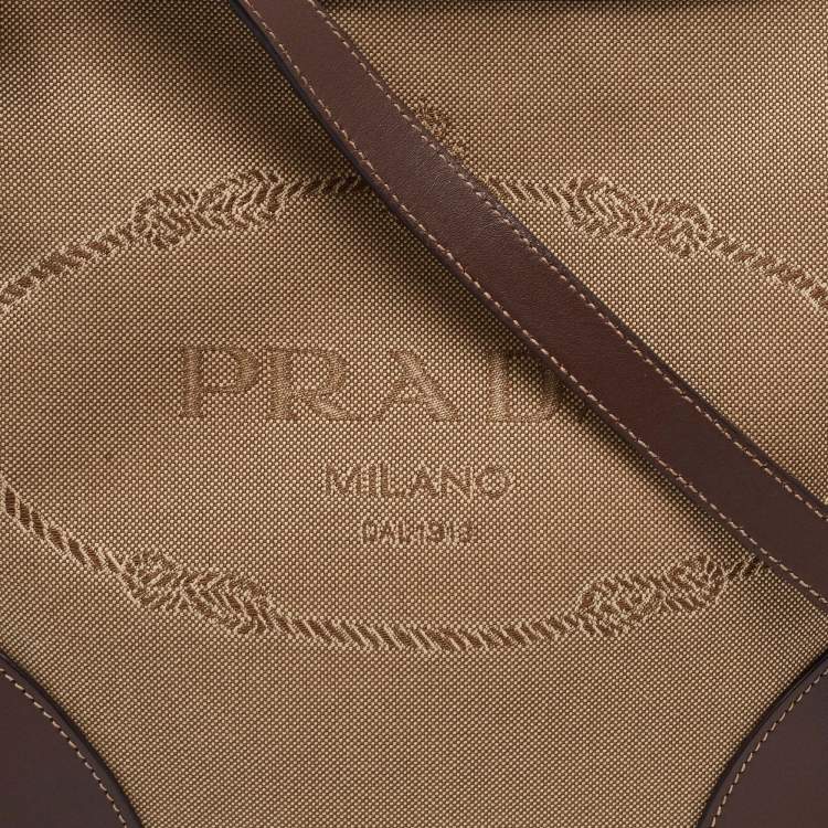 Pre Owned Prada Brown/Khaki Leather and Jacquard Logo Messenger Bag