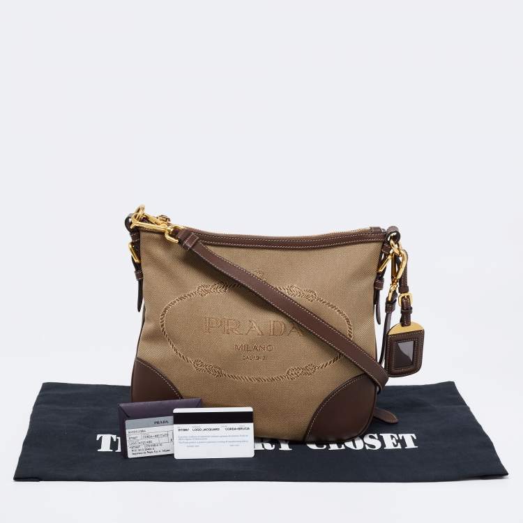 Pre Owned Prada Brown/Khaki Leather and Jacquard Logo Messenger Bag
