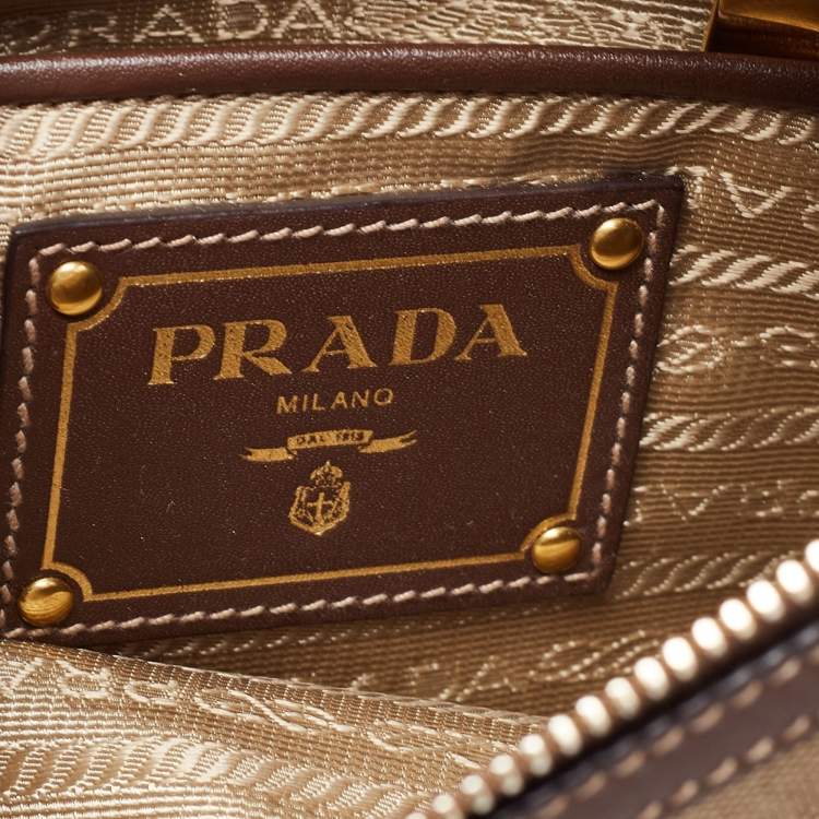 Pre Owned Prada Brown/Khaki Leather and Jacquard Logo Messenger Bag