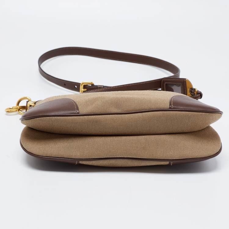 Pre Owned Prada Brown/Khaki Leather and Jacquard Logo Messenger Bag