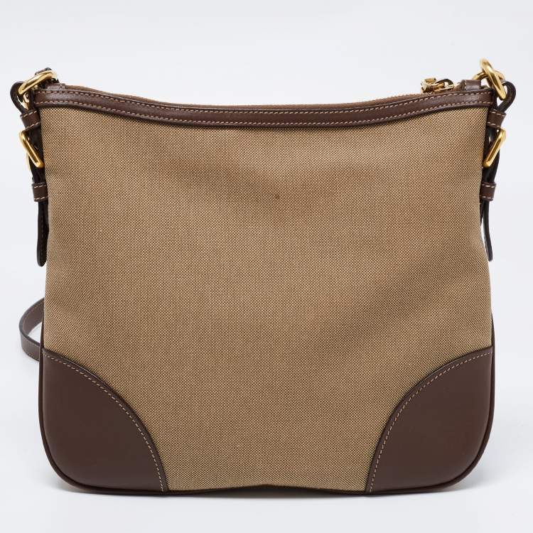 Pre Owned Prada Brown/Khaki Leather and Jacquard Logo Messenger Bag