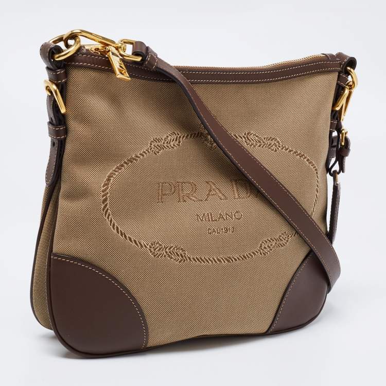 Pre Owned Prada Brown/Khaki Leather and Jacquard Logo Messenger Bag