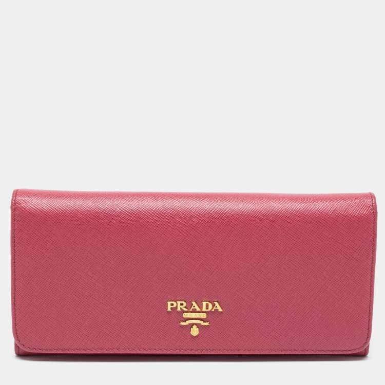 Prada Pink Saffiano Lux Leather Metal Bar Flap Continental Wallet