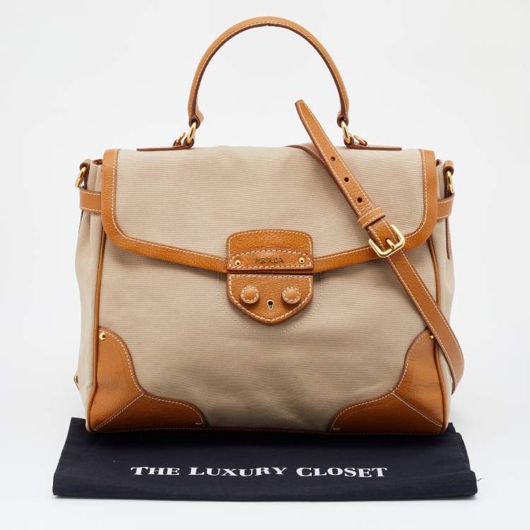 Pre Owned Prada Beige/Tan Canvas and Cinghiale Leather Top Handle Bag        