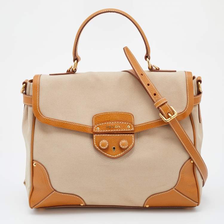 Pre Owned Prada Beige/Tan Canvas and Cinghiale Leather Top Handle Bag        