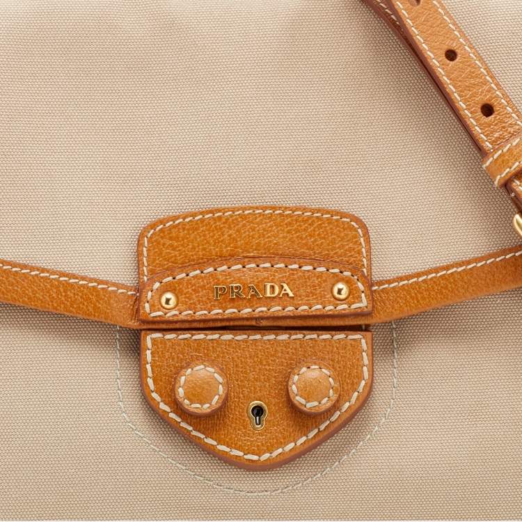 Pre Owned Prada Beige/Tan Canvas and Cinghiale Leather Top Handle Bag        