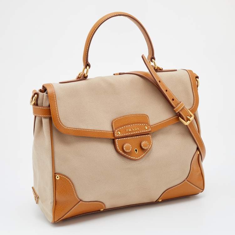 Pre Owned Prada Beige/Tan Canvas and Cinghiale Leather Top Handle Bag        