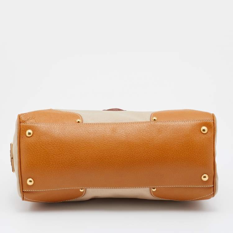 Pre Owned Prada Beige/Tan Canvas and Cinghiale Leather Top Handle Bag        
