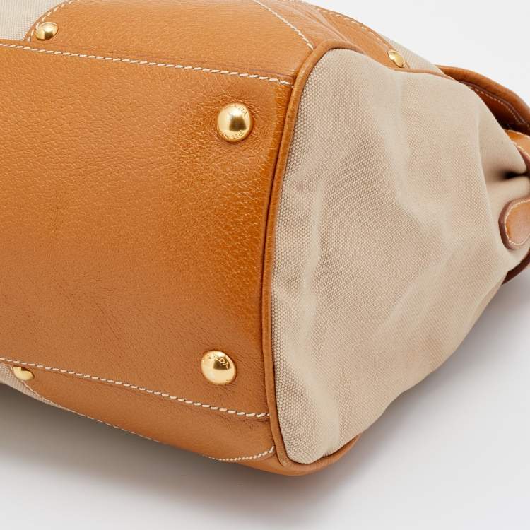 Pre Owned Prada Beige/Tan Canvas and Cinghiale Leather Top Handle Bag        