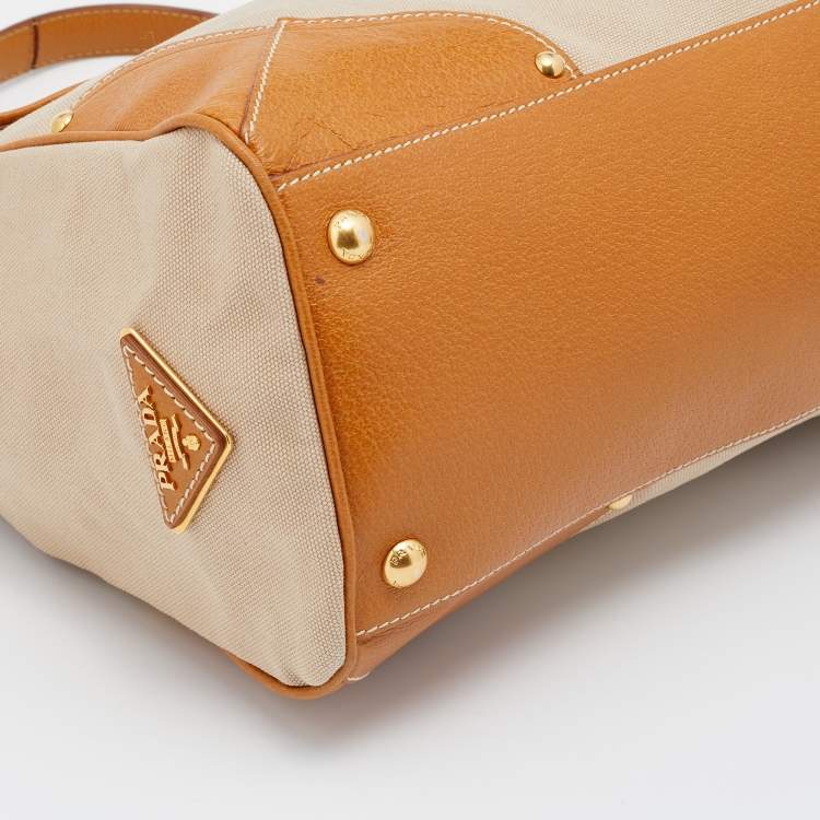 Pre Owned Prada Beige/Tan Canvas and Cinghiale Leather Top Handle Bag        