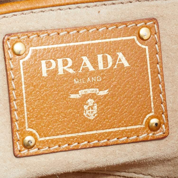Pre Owned Prada Beige/Tan Canvas and Cinghiale Leather Top Handle Bag        