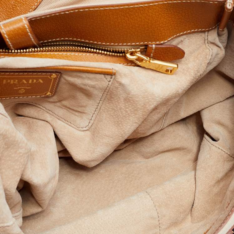 Pre Owned Prada Beige/Tan Canvas and Cinghiale Leather Top Handle Bag        