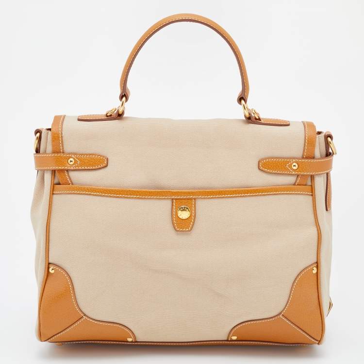 Pre Owned Prada Beige/Tan Canvas and Cinghiale Leather Top Handle Bag        