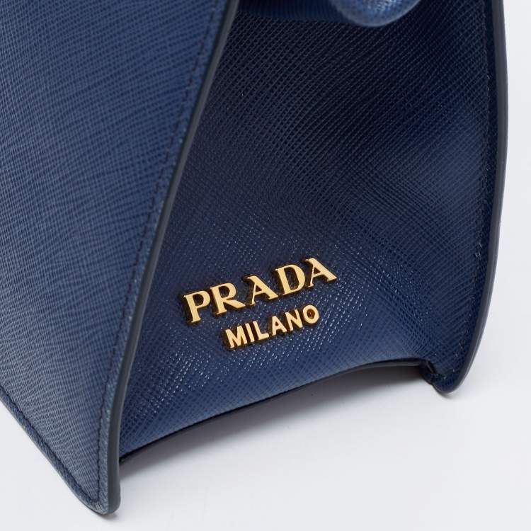 Pre Owned Prada Blue Logo Embossed Saffiano Lux Leather Frame Top Handle Bag