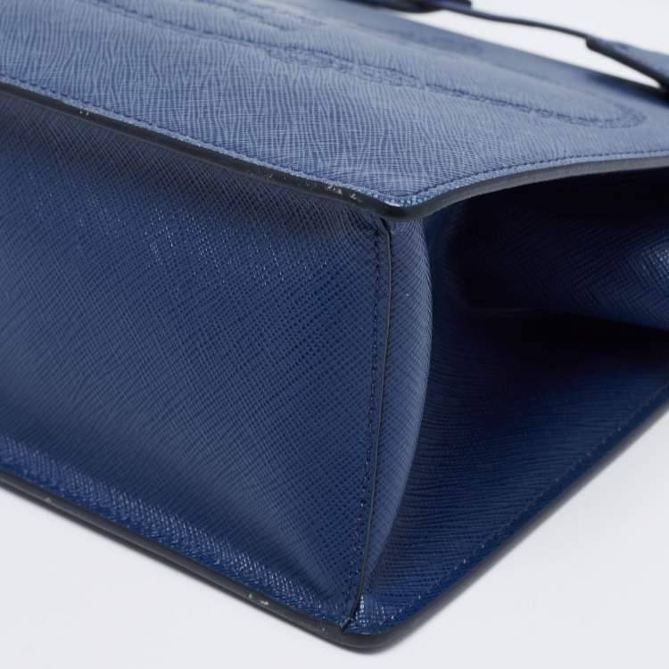 Pre Owned Prada Blue Logo Embossed Saffiano Lux Leather Frame Top Handle Bag
