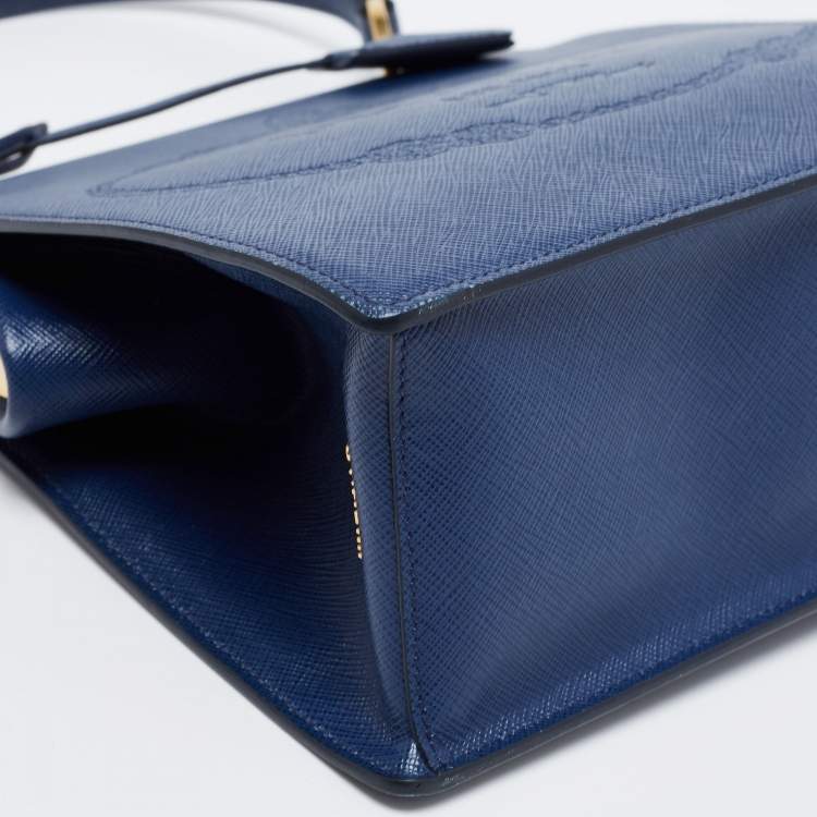 Pre Owned Prada Blue Logo Embossed Saffiano Lux Leather Frame Top Handle Bag