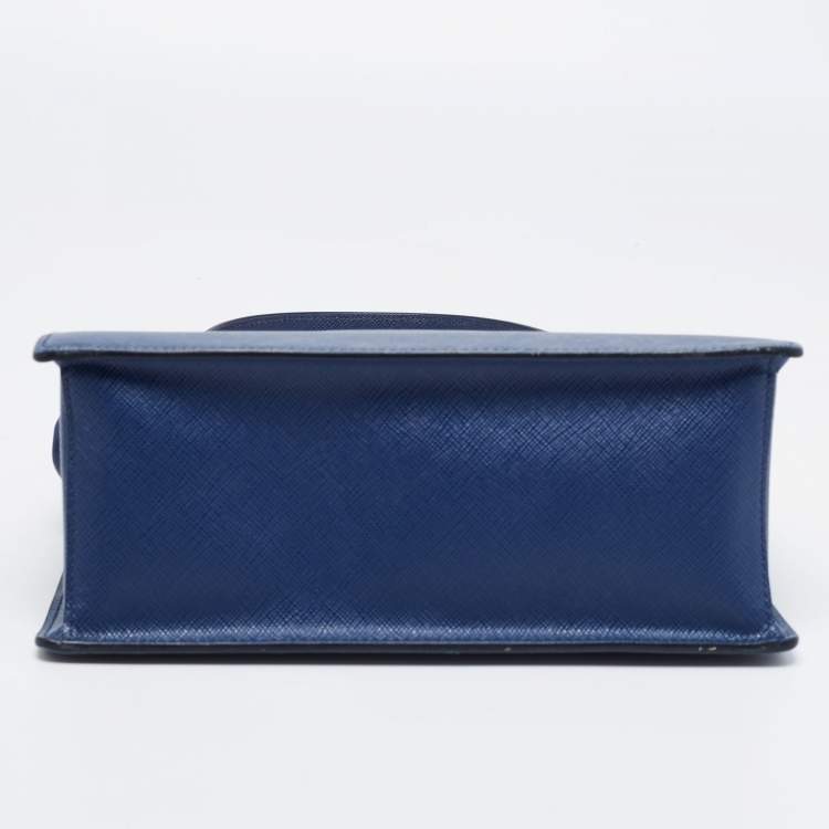 Pre Owned Prada Blue Logo Embossed Saffiano Lux Leather Frame Top Handle Bag