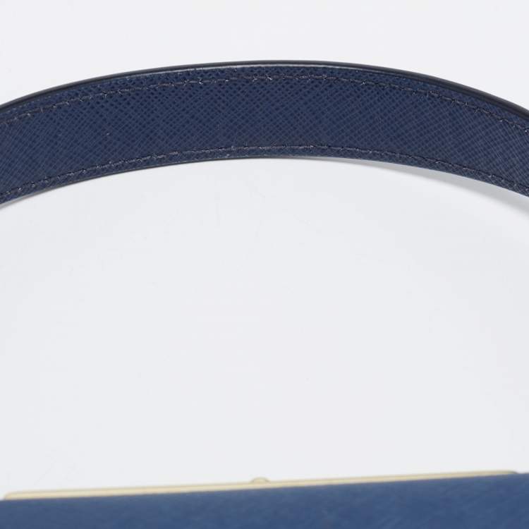 Pre Owned Prada Blue Logo Embossed Saffiano Lux Leather Frame Top Handle Bag