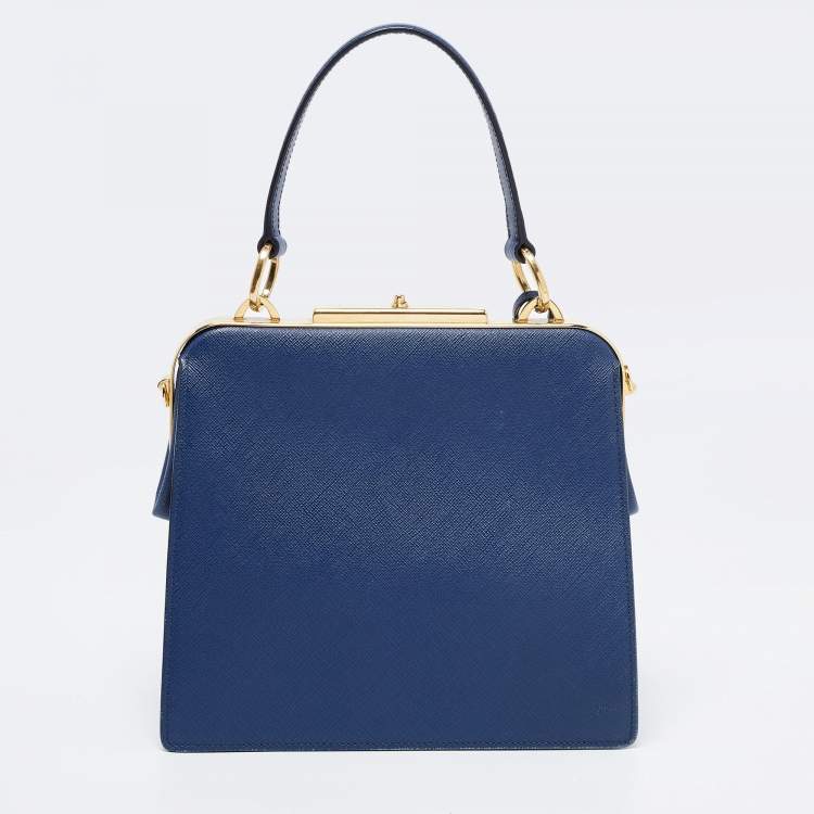 Pre Owned Prada Blue Logo Embossed Saffiano Lux Leather Frame Top Handle Bag