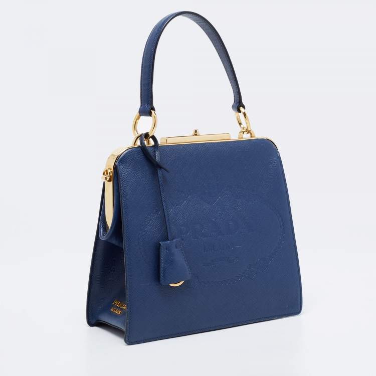 Pre Owned Prada Blue Logo Embossed Saffiano Lux Leather Frame Top Handle Bag