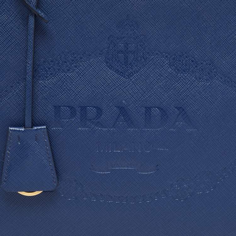 Pre Owned Prada Blue Logo Embossed Saffiano Lux Leather Frame Top Handle Bag
