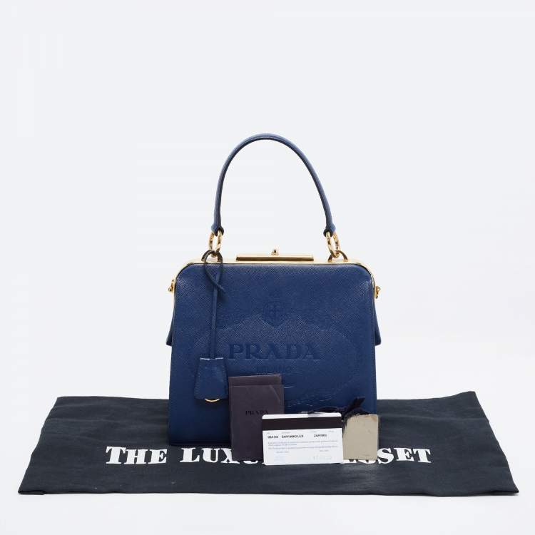 Pre Owned Prada Blue Logo Embossed Saffiano Lux Leather Frame Top Handle Bag