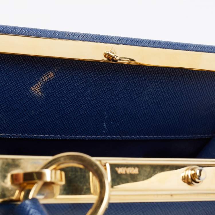 Pre Owned Prada Blue Logo Embossed Saffiano Lux Leather Frame Top Handle Bag