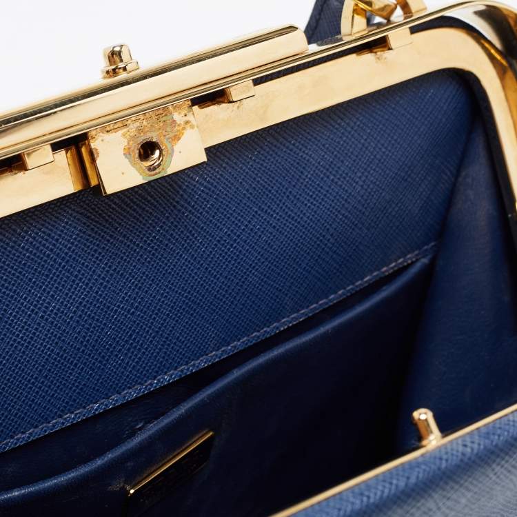 Pre Owned Prada Blue Logo Embossed Saffiano Lux Leather Frame Top Handle Bag