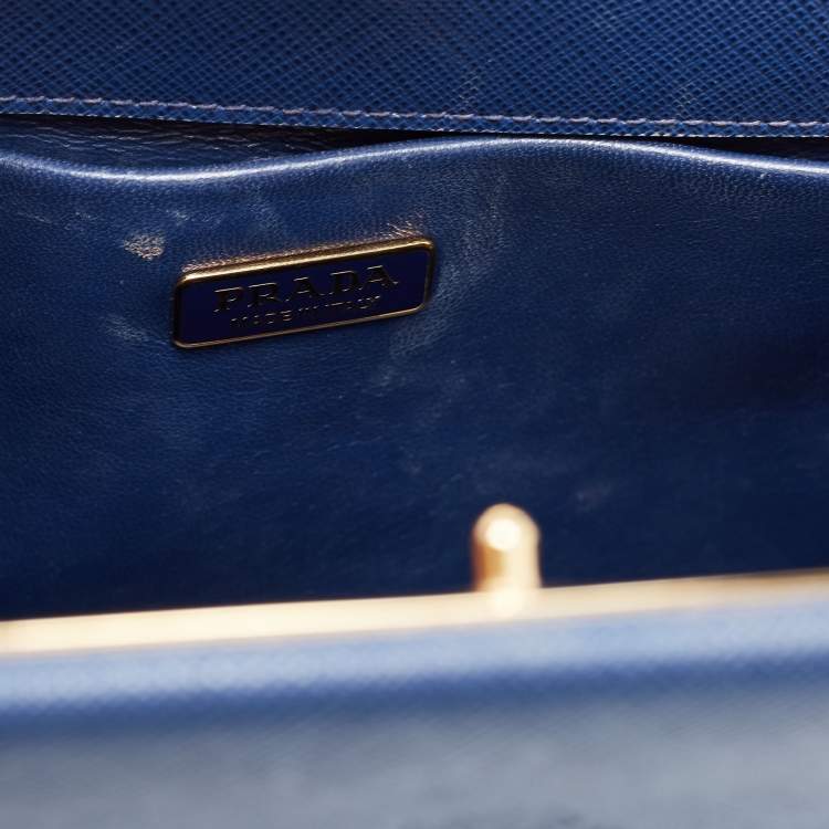 Pre Owned Prada Blue Logo Embossed Saffiano Lux Leather Frame Top Handle Bag